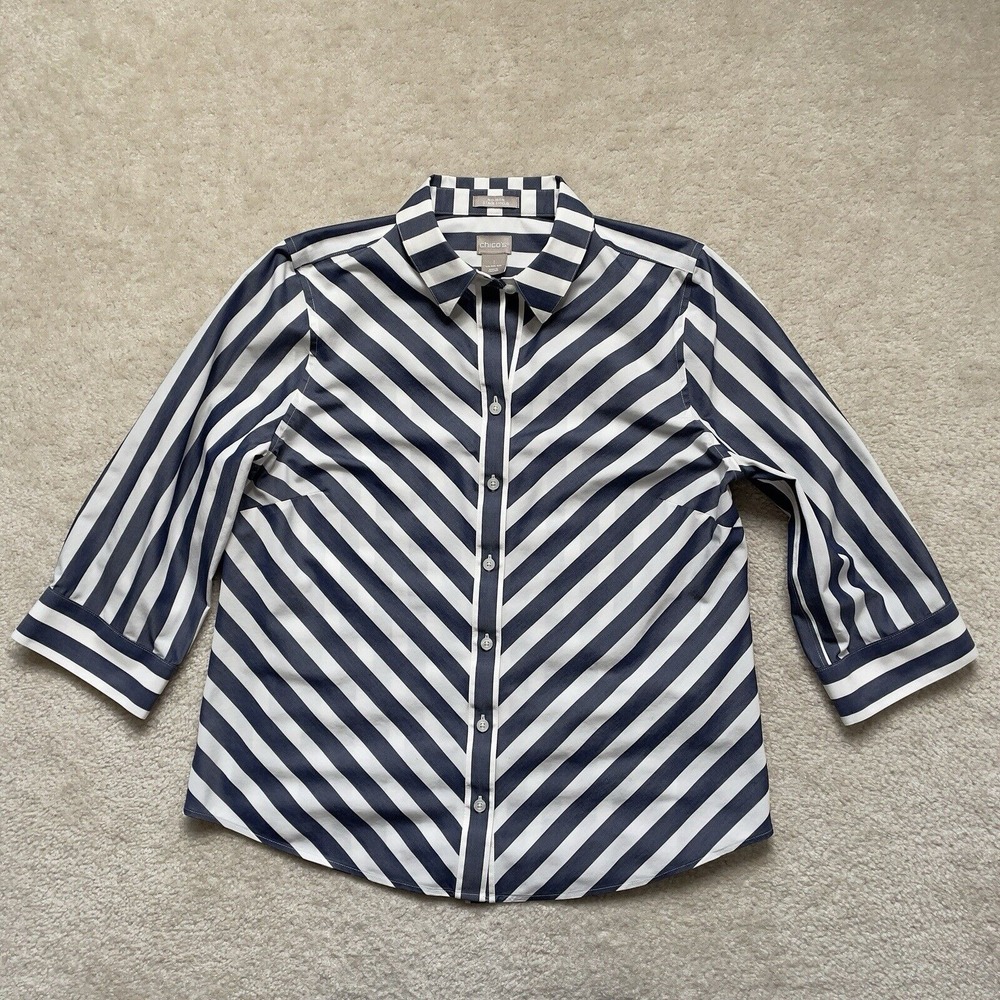 Chicos Shirt Women's 1 (8) 3/4 Sleeve No Iron Button Down Chevron Blue/White